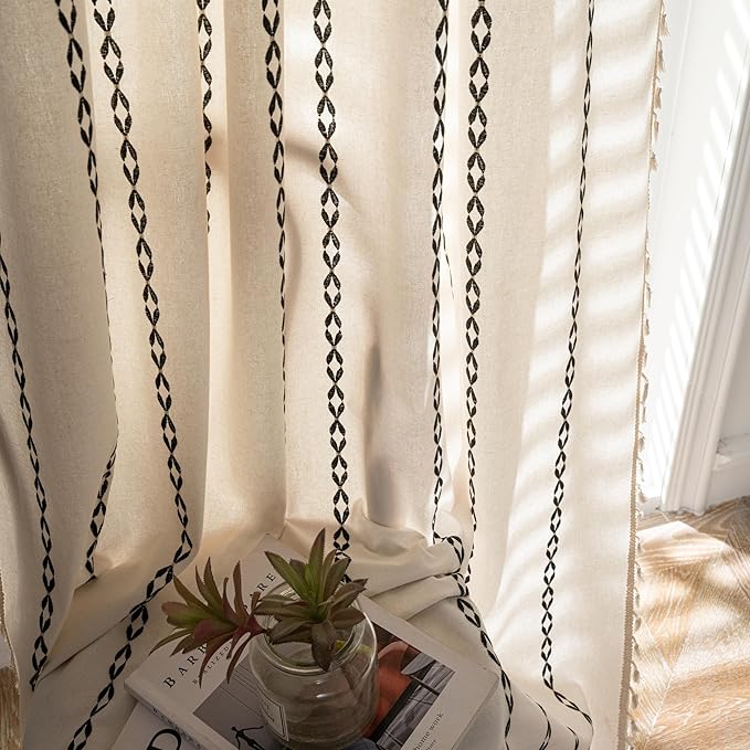 Sutuo Home Boho Farmhouse Curtains 72 Inches Long for Living Room Bedroom Bohemian House Drapes Country Style, Textured Stripe Embroidery Privacy, White and Black 1 Panel W52 x L72
