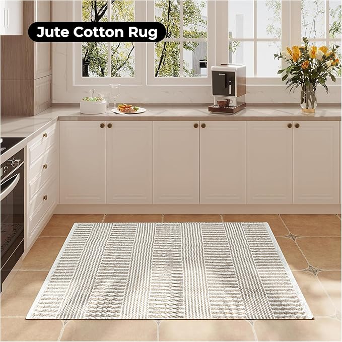 Bedding Craft Jute Cotton Stripe Area Rug for Living Room 24x36 Inch - Natural Ivory - Machine Washable 2x3 Feet Rugs - 70% Jute and 30% Cotton