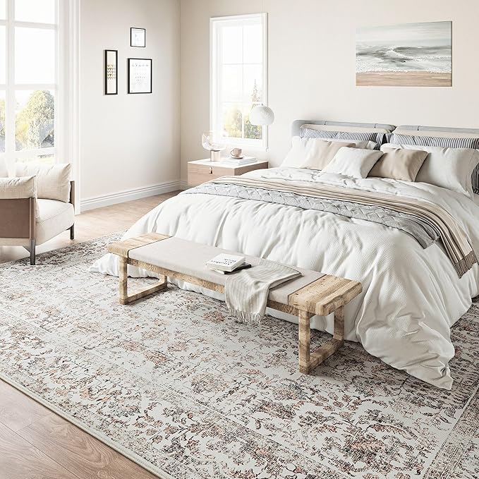 Red Area Rug 5x7 Machine Washable Vintage Living Room Distressed Non Slip Carpet Traditional Indoor Bedroom Retro Floral Accent Throw Large Rug for Office Kitchen Bathroom Dining Room