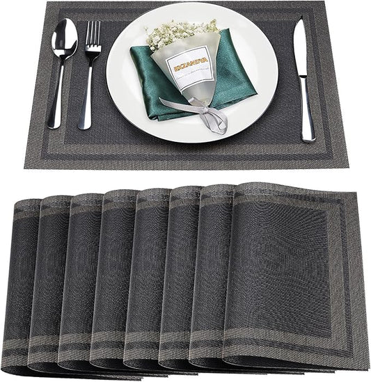 Placemats Set of 8,Washable,Heat and Stain Resistant Indoor/Outdoor Place mats, Vinyl Woven Non Slip Table Mats for Restaurant Table Protection, PVC Table Placemats.(Black Gold, 8PCS)