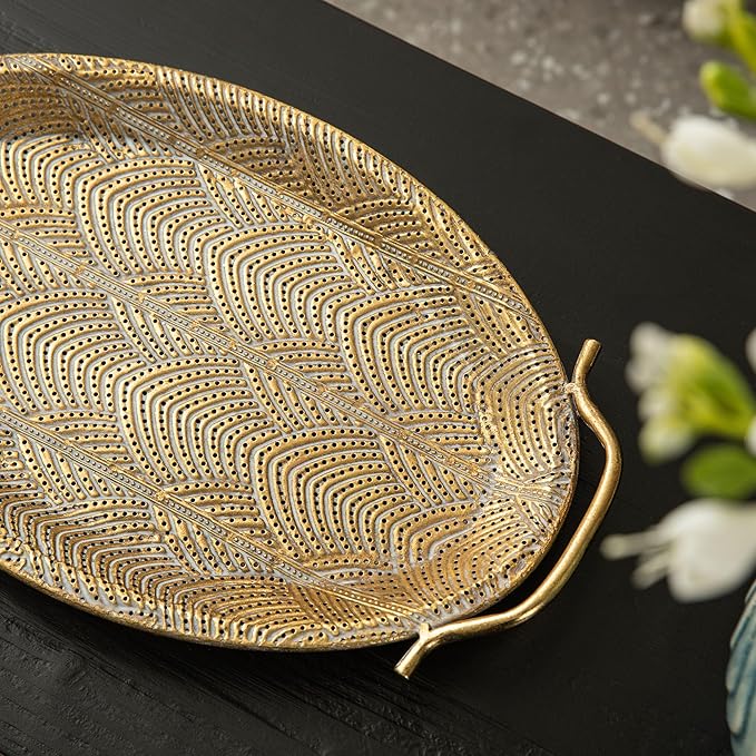 Glitzhome Set of 2 Vintage Gold Decorative Trays with Handles, Metal Large Oval Jewelry Decorative Trays, Bathroom Dresser Vanity Trays