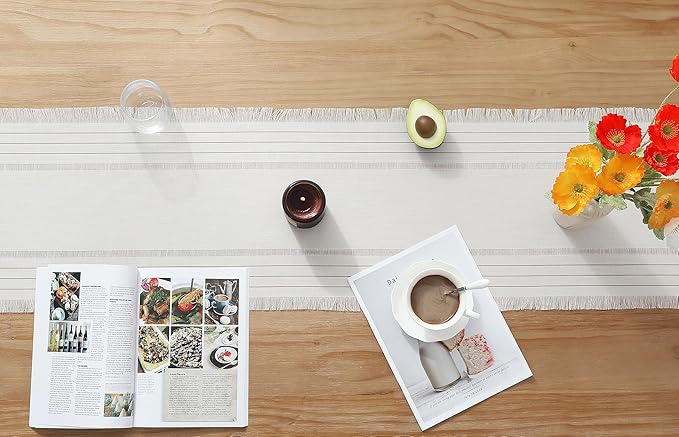 Chassic Farmhouse Style Table Runners with Tassel, Rustic Boho 60 inches Long Table Runner for Dining Room,Holiday, Party and Wedding Tabletops Decor, 14 x 60 inch - Cream