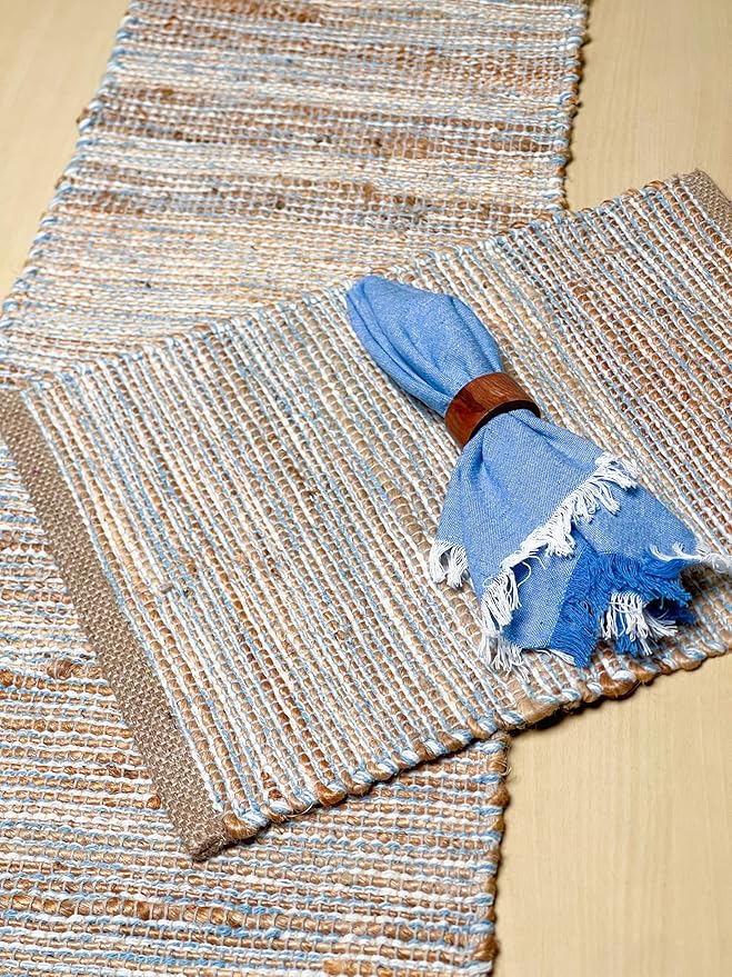 Chardin Home Natural Jute Table Runner 13x90 Inch – Vintage Boho Rustic Table Decor – Handwoven Jute Table Runner in Natural and Blue – Farmhouse Dining or Console Table Accent