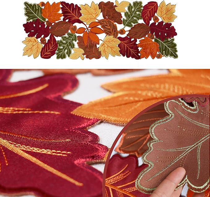 OWENIE Thanksgiving Runner, Fall Leaf Table Runner for Autumn Home Decorations, Fall Table Centerpieces, Embroidered Cutwork Farmhouse HarvestMaple Leaf Runner, 13 Inch x 36 Inch