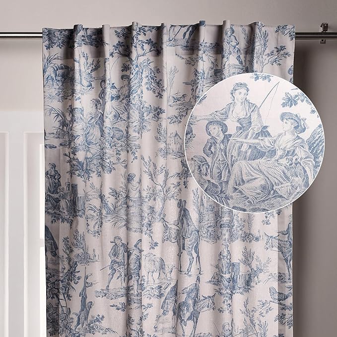 Maison d' Hermine Curtains for Living Room 100% Cotton 124 inch Length One Panel Light Filtering Toile Curtains for Bedroom Windows with Rod and Loop Pockets Drapes (The Miller Denim, 50" W x 124" L)