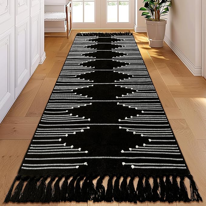 Tritard Boho Hallway Runner Rug 2x8 - Washable Area Rug Farmhouse Aztec Cotton Long Thin Rugs with Tassels Kitchen Bathroom Lightweight Woven Low Pile Carpet for Entryway, Bedroom, Black and White