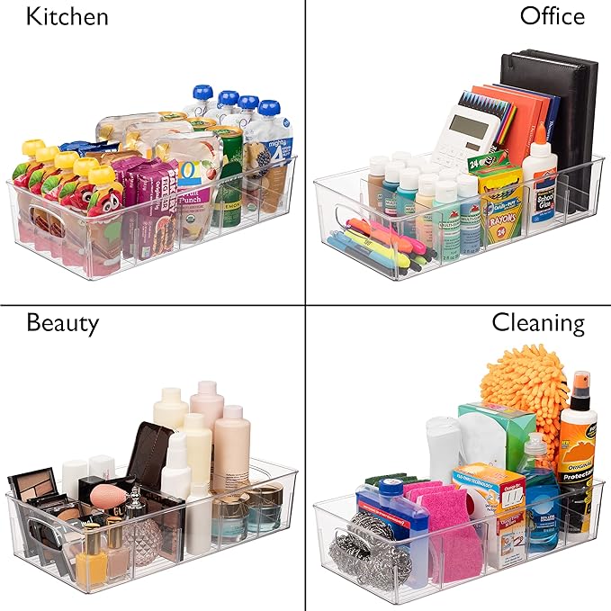 ClearSpace Plastic Pantry Organization and Storage Bins with Removable Dividers – 4 Pack XL Perfect Kitchen Organization or Kitchen Storage – Refrigerator Organizer Bins, Cabinet Organizers
