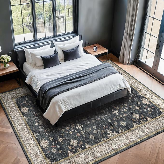 Black Farmhouse Washable 7x10 Area Rugs for Living Room, Bedroom, Dining Room Table, Dark Charcoal Stain Resistant Non-Slip Large Washable