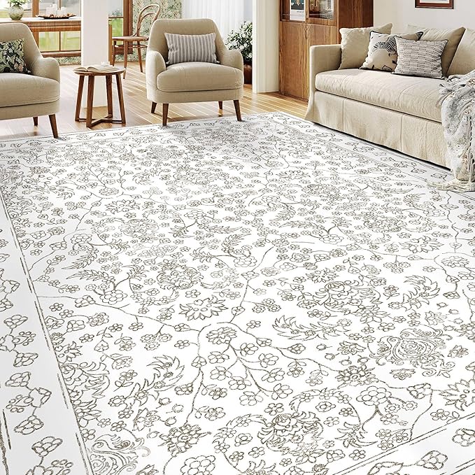 Floral Area Rug 5x7 Washable Taupe Carpet Non Slip Large Boho Thin Farmhouse Throw Accent Rug for Living Room Bedroom Office Kitchen Bathroom