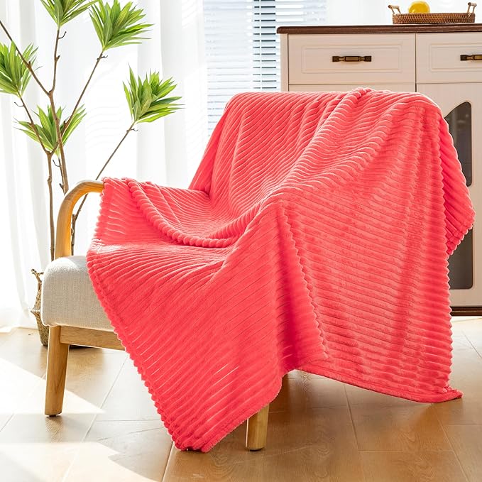 Vessia Flannel Fleece Throw Blanket for Couch,Sofa,Bed, 300GSM Striped Red Blanket for Adults and Kids, Super Soft Warm Cozy Lightweight Ribbed Throw for All-Season