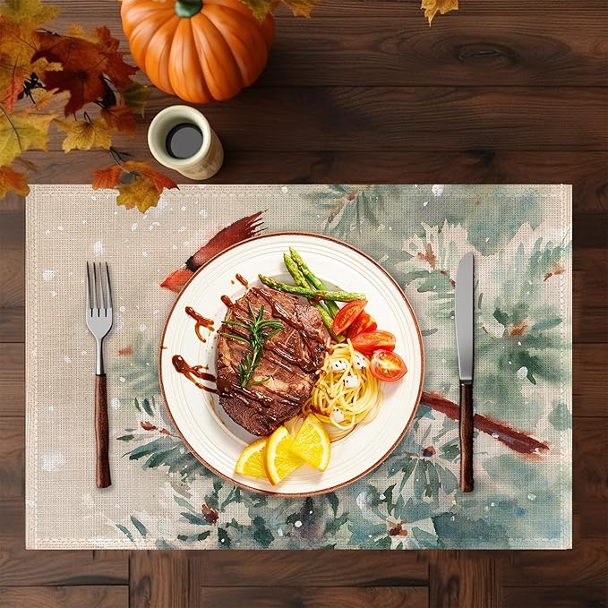 Bird Placemats Set of 6, Cardinal Place Mats Washable Heat Resistant 12×18 Inch Linen Table Mats for Christmas Party Outdoor Dining Décor