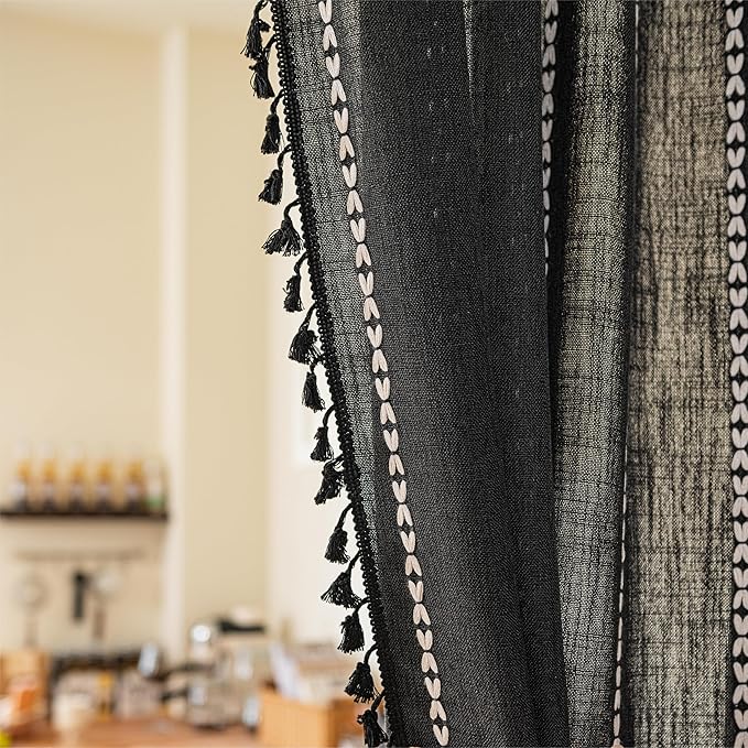 Sutuo Home Door Curtains for Doorway, Bohemian Semi Blackout Curtains Privacy Embroidery Stripes Decor for Temporary Room Dividers Bedroom Living Room, Rod Pocket 1 Panel 37" W x 80" L, Black