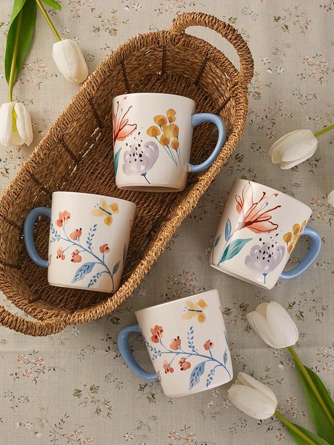 Bico Blossom Symphony Ceramic Mugs, Set of 4, for Coffee, Tea, Drinks, Microwave & Dishwasher Safe