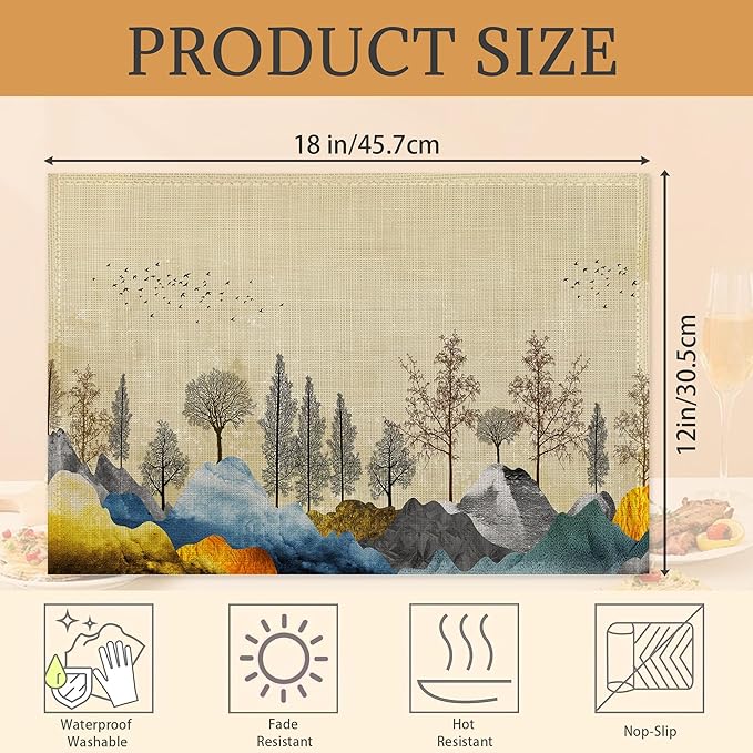 Trees with Mountains Placemats Set of 6 Washable Table Mats for Kitchen Dining Table,Heat-Resistant Place Mats for Indoor Outdoor Party Holiday Decoration(Landscape)