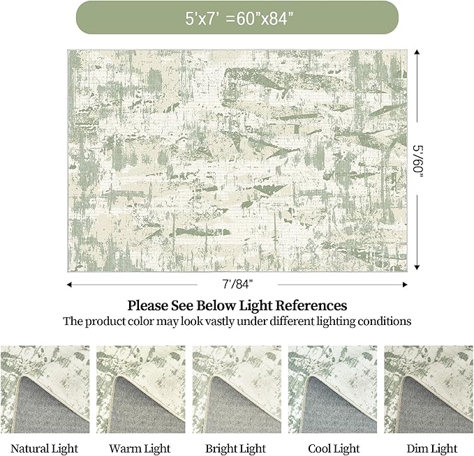 Art&Tuft Washable Rug, Anti-Slip Backing Abstract Area Rugs, Stain Resistant Rugs for Living Room, Foldable Machine Washable Area Rug(02-Green, 5'x7')