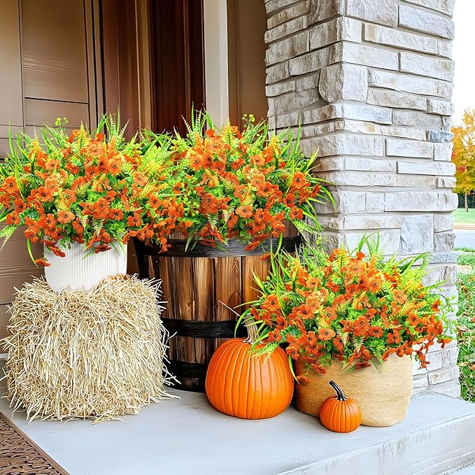 24 Bundles Artificial Flowers for Outdoors Spring Summer Decoration, UV Resistant Eucalyptus Violet and Lavender Silk Fake Plants for Outside Indoor Yard Home Patio Porch Decor, Orange