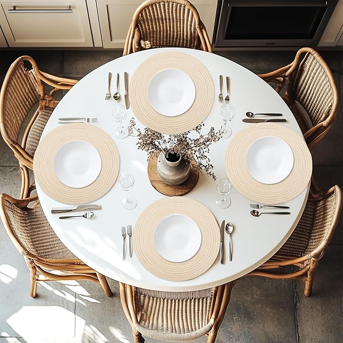 Braided Round Placemats Set of 6, Woven Washable Non-Slip Table Mats for Kitchen Dining, 14.5 Inch, Heat Resistant - Natural Fabric Indoor Outdoor Place Mats(Beige)
