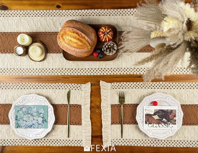 FEXIA Boho Placemats Set of 4, Macrame Table Decor and Farmhouse Style Placemats Natural Cotton Burlap, for Dining Table, Caramel