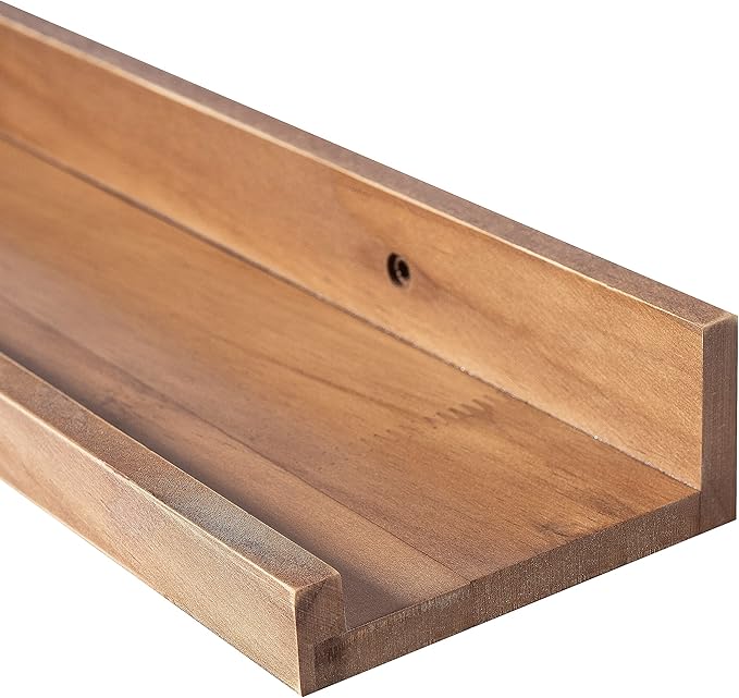 MBYD 16 Inch Wood Floating Shelves Wall Mounted Light Walnut Picture Ledge Shelf Nursery Book Shelves for Home Decor for Bedrooms, Office, Living Room, Kitchen, 3 Same Sizes
