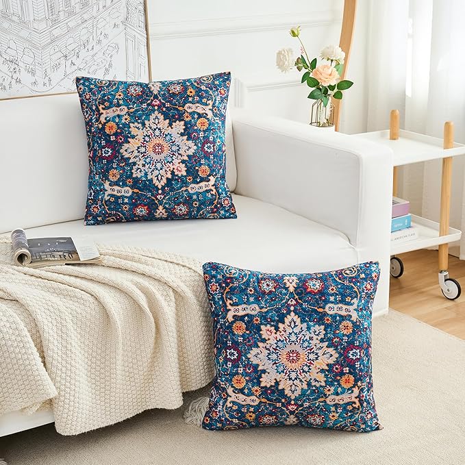 Boho Throw Pillow Covers 16x16 inch Set of 2,Boho Vintage Carpet Pattern Antique Ethnic Decor Double Sided Pattern Cushion Cover Soft Pillow Case Living Sofa Room Bed Square Pillow Cover