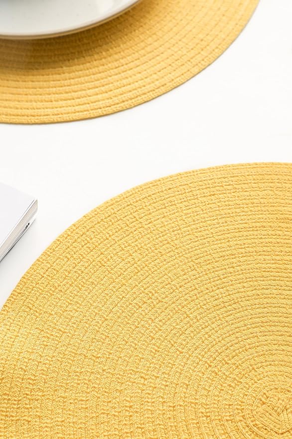 Floroom 15 Inch Round Braided Placemats Set of 6, Washable Heat Resistant Cotton Polyester Circle Place Mats for Kitchen Dining Table - Yellow