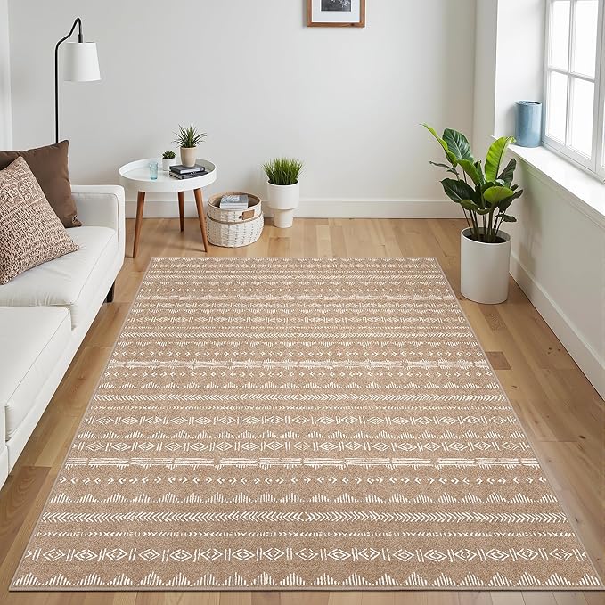 Deerly 3x5 Rugs Boho Moroccan Farmhouse Machine Washable Rug 3x5 Area Rug Non-Slip, Soft Low Pile Indoor Floor Carpet Neutral Rug for Living Room Kitchen Bedroom, Coffee