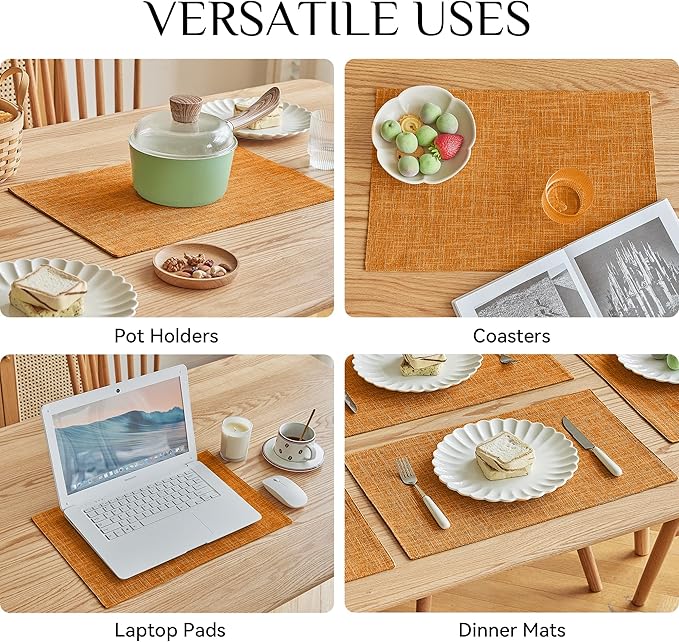 Softalker Faux Linen Placemats Set of 8-12 x 18 Inch, Heat Resistant Double Layered Durable Burlap Farmhouse Place Mats, Non-Slip Washable Rustic Table Mats for Dining, Kitchen, Party(Orange
