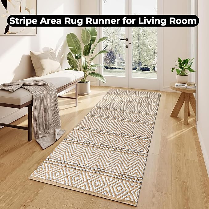 Bedding Craft Jute Cotton Stripe Area Rug Runner for Living Room 24x72 Inch - Natural Ivory - Machine Washable 2x6 Feet Rugs - 70% Jute and 30% Cotton