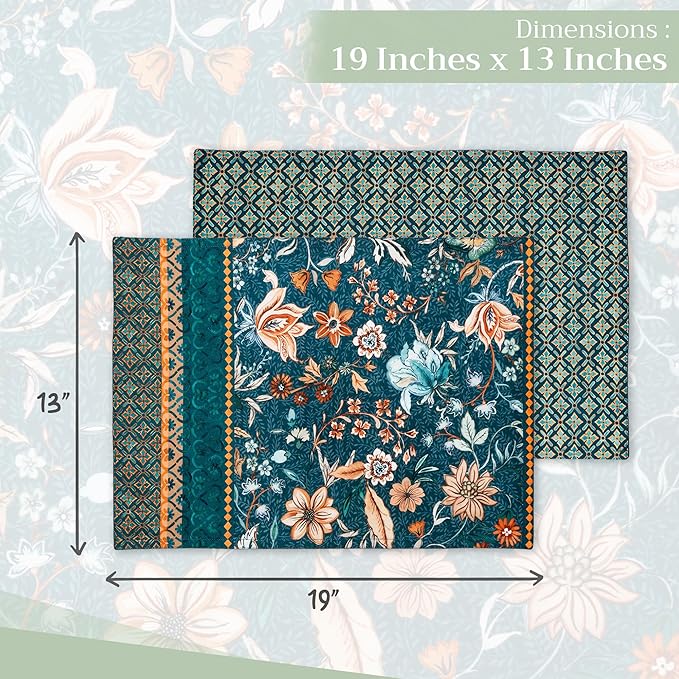 Maison d' Hermine Placemats Set of 4 100% Cotton Washable Cloth Place Mats, Reusable Table Mats for Kitchen Dining Decoration, Party, Wedding, Restaurant (Luxury Loft-Dark Teal, 13" x 19")