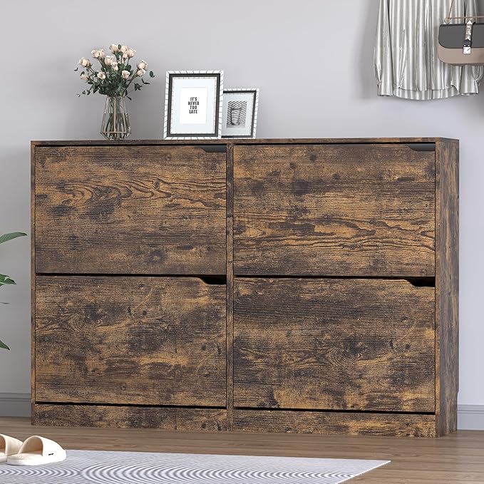 Shoe Cabinet with 4 Flip Drawers, Narrow Hidden Shoe Storage Cabinet, Slim Freestanding Shoe Rack Organizer for Entryway, Hallway, Bedroom, Living Room