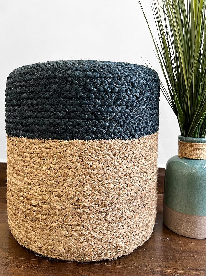 S & L Homes Pouf Ottoman - 100% Jute Braided Footrest Pouf Hand Knitted Traditional Cord Boho Pouffe for Living Room, Bedroom, Nursery, Patio, Lounge Colorblock - Natural Navy (16”x16”x16”)