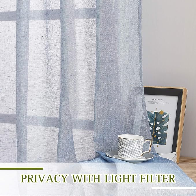 NICETOWN Linen Textured Semi Sheer Curtains 84 inches Length, Eyelet Top Bedroom Window Privacy Translucent Light Filtering Flax Sheer Drapes for Guest Room, 52 inches Wide, 2 Panels, Sea Mist