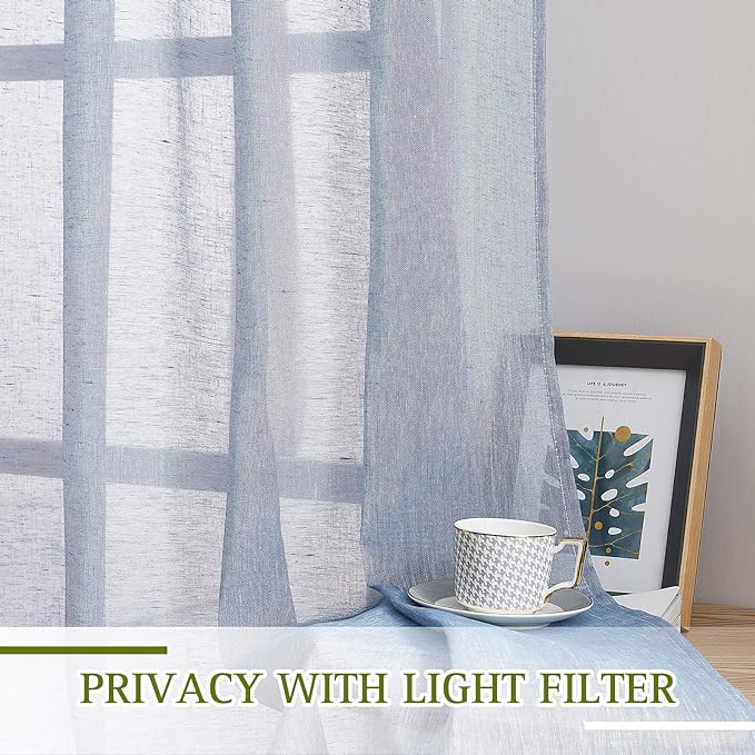 NICETOWN Linen Sheer Kitchen Short Curtains 48 inch Length 2 Panels, Grommet Semi Sheer Small Window Treatments Privacy with Light Filtering Drapes for Bedroom, Sea Mist, W36 x L48, 2 Panels