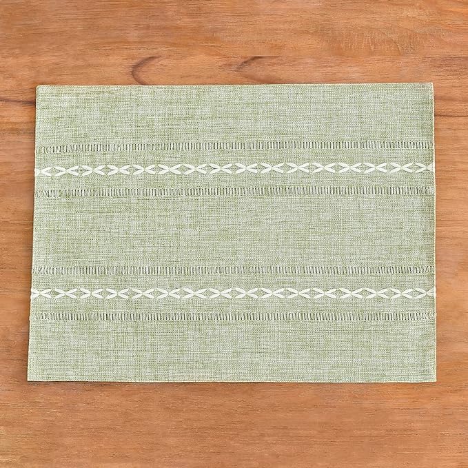 Wracra Cotton Linen Placemats, 12 x 18 Inch Set of 4 Fete Placemats Rustic Hemstitch Place Mats for Kitchen Table and Heat Resistant-Sage Green