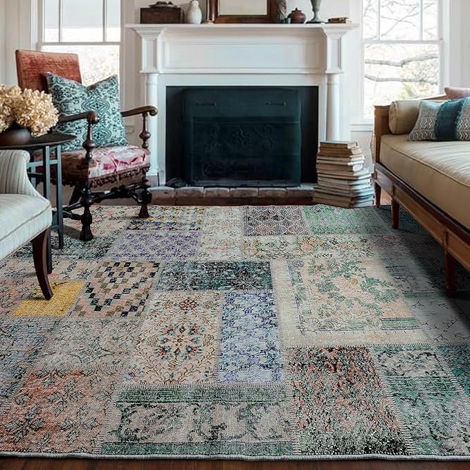 Area Rug 6x9 for Living Room,Washable Stain Resistant Geometric Boho Rugs for Dining Room Table,Light Tan Beige Brown and Dark Green Yellow Rust Orange