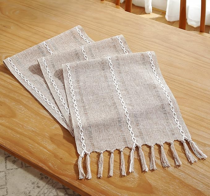 Chassic Fall Rustic Farmhouse Style Linen Table Runner, Boho Handmade Tassel Table Runners 72 Inches Long for Holiday Party, Thanksgiving and Dining Decorations, 13 x 72 inch - Light Coffee