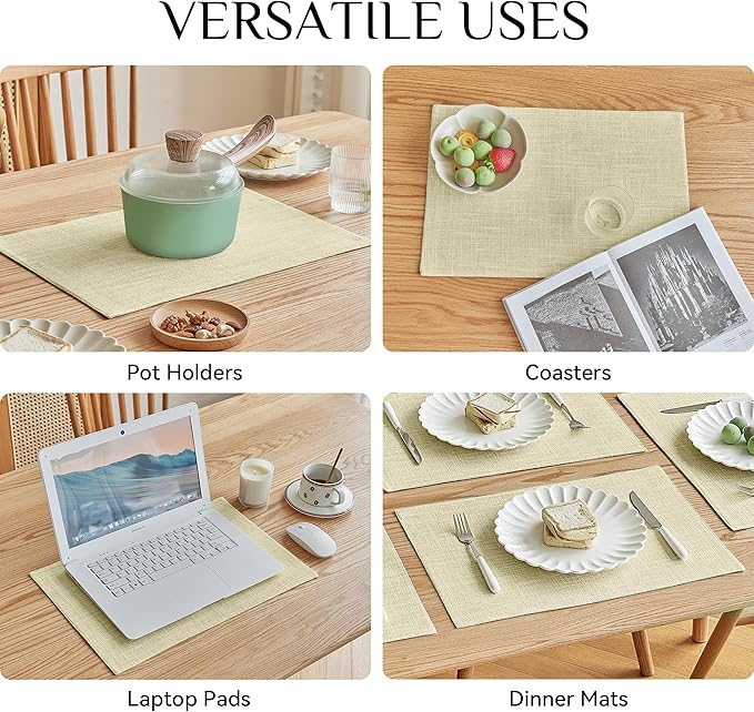 Softalker Faux Linen Placemats Set of 6-12 x 18 Inch, Heat Resistant Double Layered Durable Burlap Farmhouse Place Mats, Non-Slip Washable Rustic Table Mats for Dining, Kitchen, Party(Light Linen