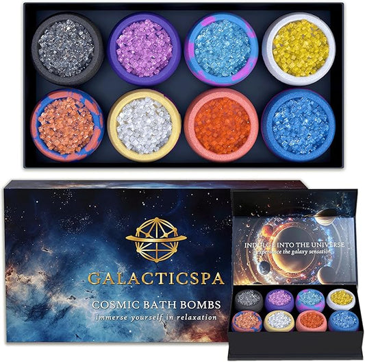 Cosmic Crystal Bath Bombs / 8 x 2.12 Ounces Handmade Bubble Bath Gift Set/Epsom Bath Salt/Vegan & Cruelty-Free/Luxury Spa Gift for Men, Women and Kids