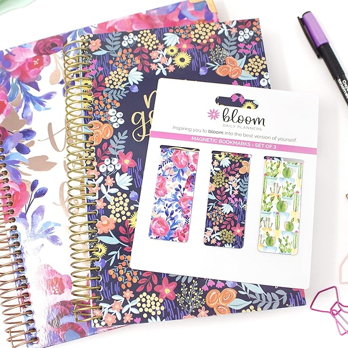 bloom daily planners 3-Pack Magnetic Bookmarks - Mini Snap-in Page Marker Clips for Planners, Books, Journals (2.5” x 1”) - Botanical