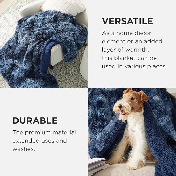 Bedsure Fluffy Tie Dye Navy Blue King Size Blanket for Bed, Thick Soft Sherpa Faux Fur Fleece Bedding Fuzzy Plush Winter Warm Heavy Oversize Large King Blanket, Cozy Blue Gifts for Men Women, 108x90