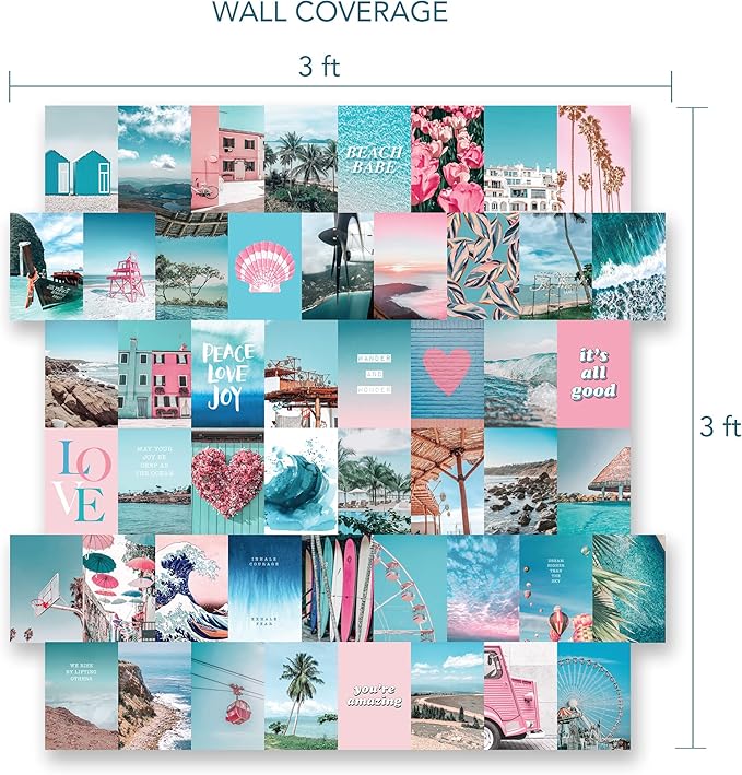 Artivo Blue Wall Collage Kit Aesthetic Pictures, 50 Set 4x6 inch, Pink VSCO Bedroom Decor for Teen Girls, Summer Beach Wall Art Print, Dorm Photo Collection, Small Posters for Room