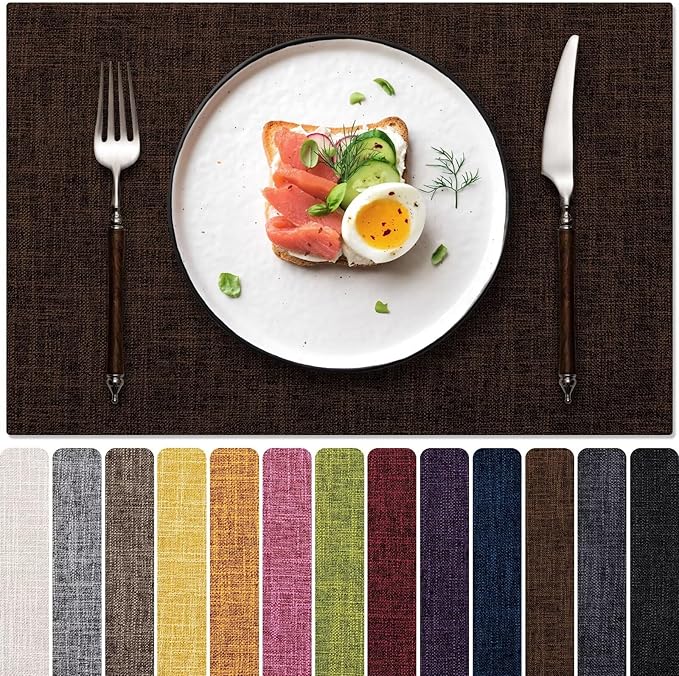 Placemats Set of 4, Dual-Layered Thickened Faux Linen Cloth Place Mats Heat Resistant Machine Washable Wrinkle Free Table Mats Indoor/Outdoor (Brown)