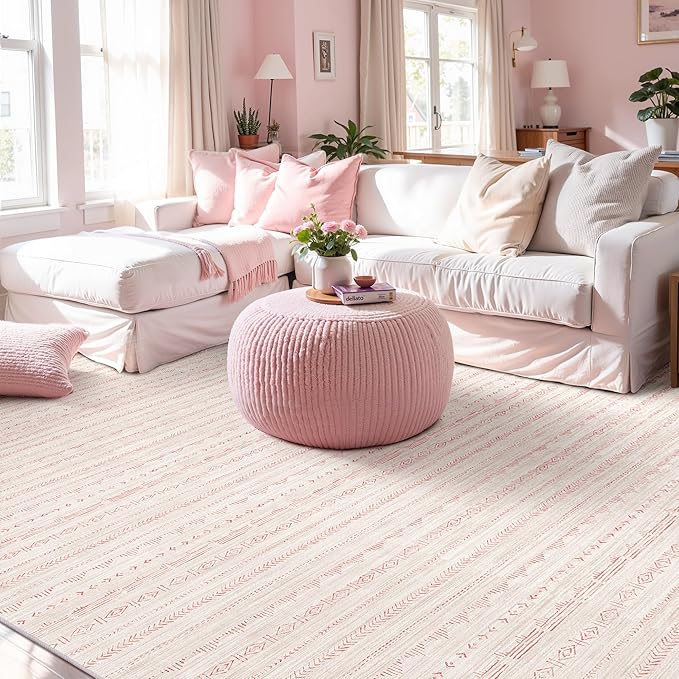 Deerly Pink 3x5 Rugs Boho Moroccan Farmhouse Machine Washable Rug 3x5 Area Rug Non-Slip, Soft Low Pile Indoor Floor Carpet Neutral Rug for Living Room Kitchen Bedroom