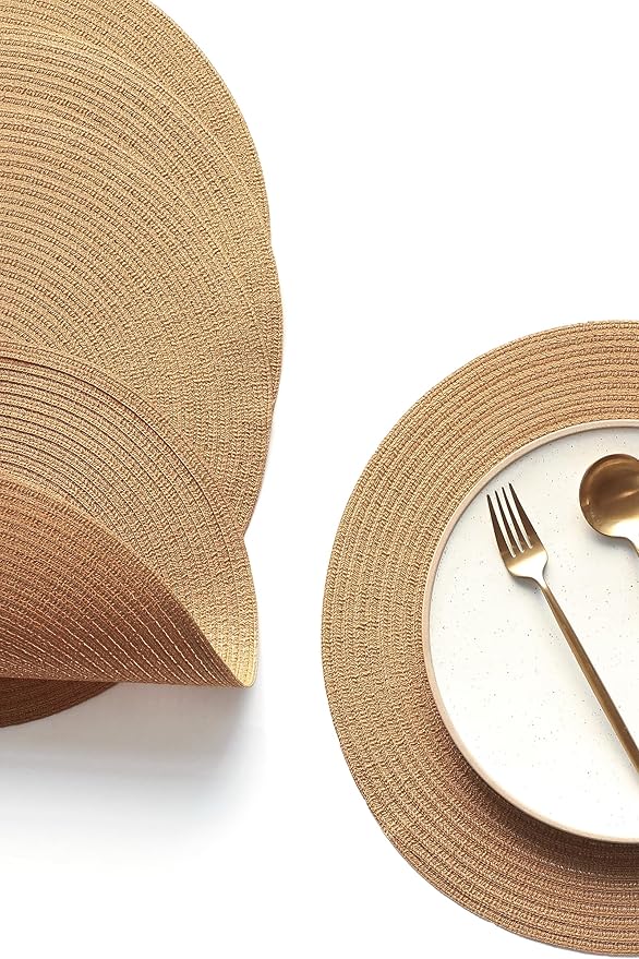 Floroom 15 Inch Round Braided Placemats Set of 6, Washable Heat Resistant Cotton Polyester Circle Place Mats for Kitchen Dining Table - Brown