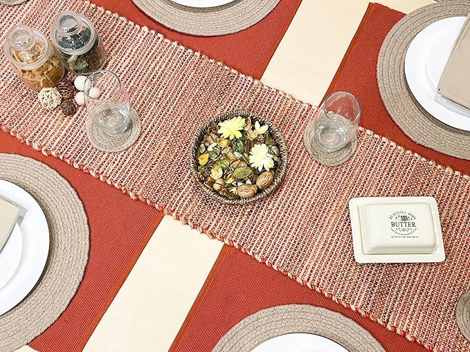 Chardin Home Natural Jute Table Runner 13x90 Inch – Vintage Boho Rustic Table Decor – Handwoven Jute Table Runner in Natural and Rust Orange – Farmhouse Dining or Console Table Accent