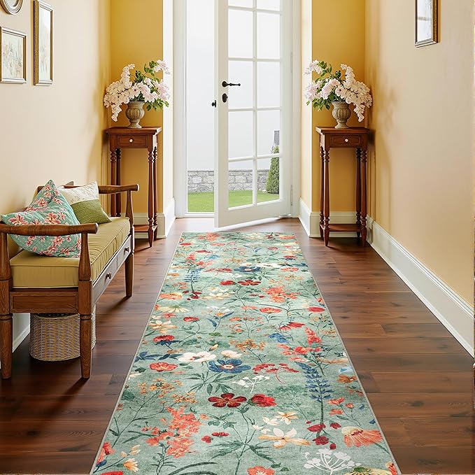 Floral Runner Rug 3x7 Washable Hallway Long Green Bedroom Carpet Non Slip Indoor Boho Kitchen Low Pile Accent Rug Lightweight Soft for Bathroom Dining Laundry Living Room
