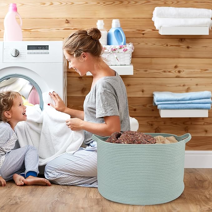 Large Cotton Rope Basket Blankets Basket Living Room 22"x14" Toy Basket for Kids Dogs Rope Storage Basket for Nursery Woven Laundry Basket for Clothes Towels Baby Toy Storage round light green