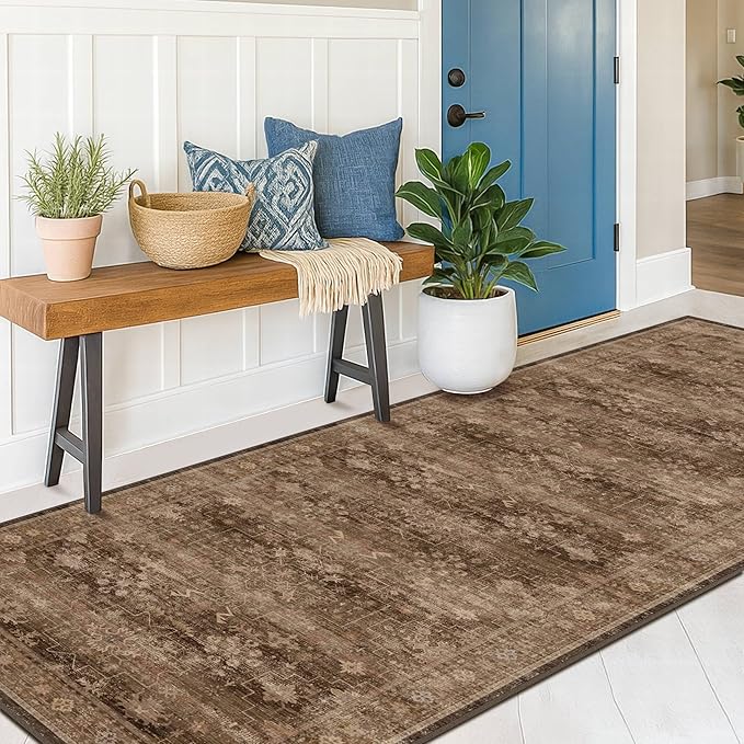 Brown Washable Long Runners for Hallways, 2x10 Wide Kitchen Runner Rug, Entryway Indoor Rug, Non Slip Rubber Backing Boho Vintage Dark Floor Decor