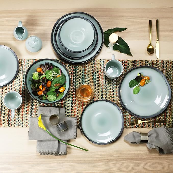 Euro Ceramica Diana 16 Piece Modern Dinnerware Set, Dinner, Salad Plate, Soup Bowl, Mug, Service for 4, Mint Green/Graphic Grey