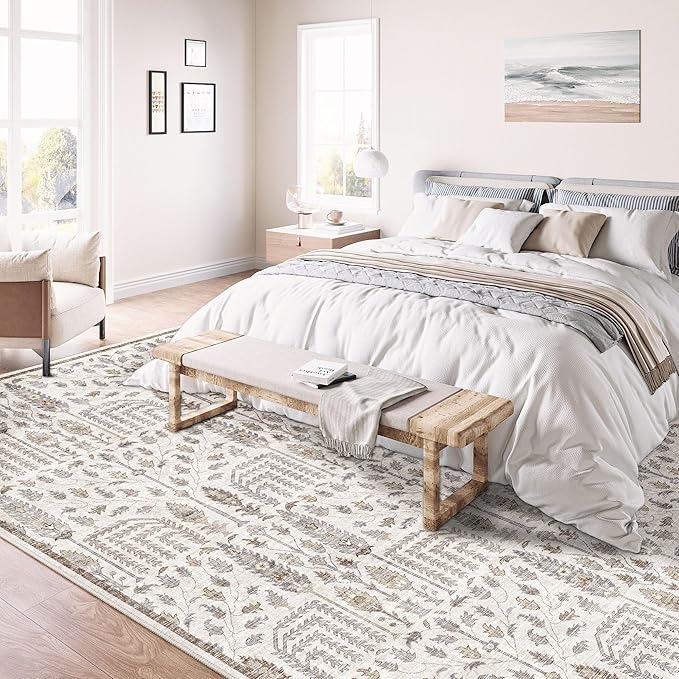 Area Rug 5x7 Washable Taupe Carpet Non Slip Large Boho Thin Floral Farmhouse Throw Accent Rug for Living Room Bedroom Office Kitchen Bathroom